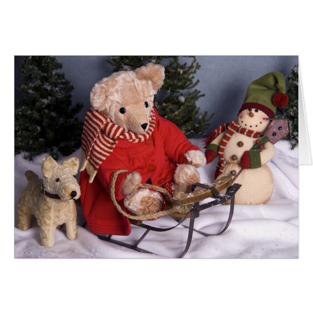 4019 Sledding Teddy Bear & Friends Birthday Card (Voorkant Horizontaal)