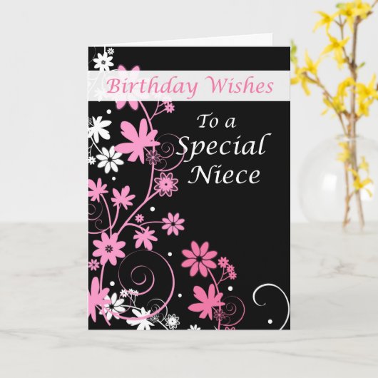 4084 Niece Birthday Wishes Pink and Black Kaart (Gele Bloem)