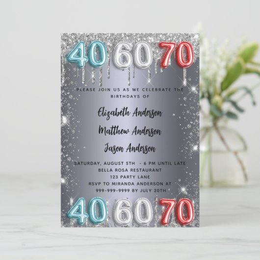 40 60 70e verjaardag zilveren glitter druppelt uit kaart (Staand voorkant)