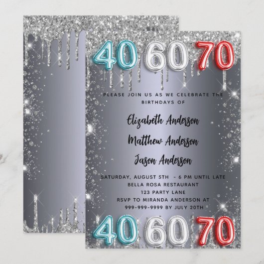 40 60 70e verjaardag zilveren glitter druppelt uit kaart (Voorkant / Achterkant)