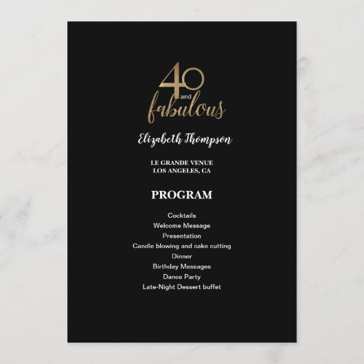 40 and fabulous 40th Birthday Gold Glitter Black Programmakaart (Achterkant)
