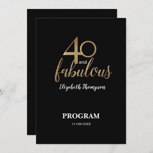 40 and fabulous 40th Birthday Gold Glitter Black Programmakaart (Voorkant / Achterkant)