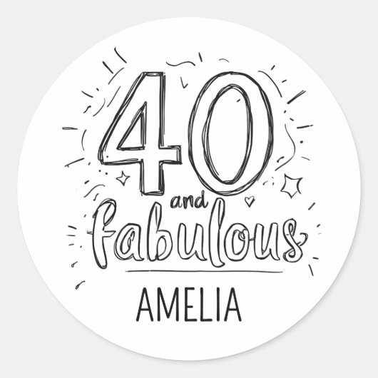 40 and Fabulous Doodle Happy Birthday Ronde Sticker (Voorkant)