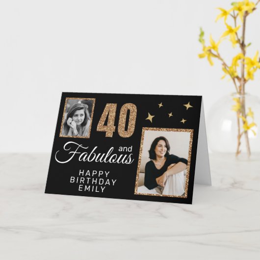40 and Fabulous Gold Glitter 2 Photo 40th Birthday Kaart (Gele Bloem)