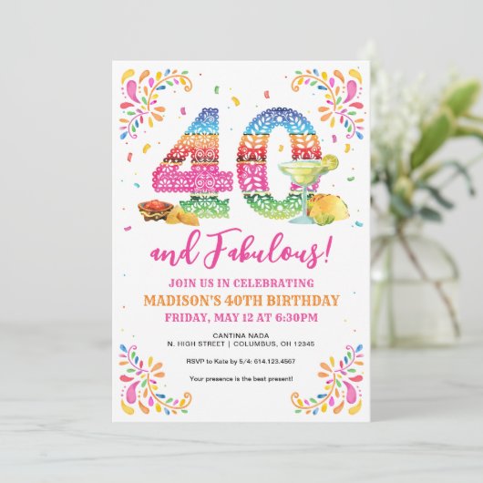 40 en de uitnodiging van Fabulous Birthday Fiesta (Staand voorkant)
