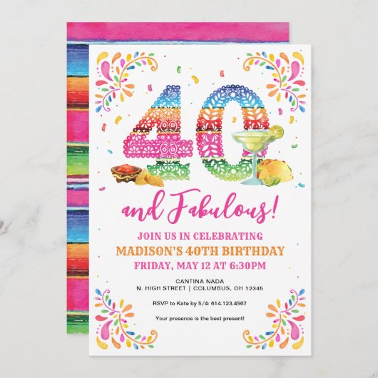40 en de uitnodiging van Fabulous Birthday Fiesta (Voorkant / Achterkant)
