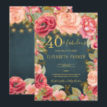 40 en fabelachtig bloemig elegant 40ste verjaardag kaart<br><div class="desc">Luxe elegante romantische stijl 40e verjaardagsfeest uitnodiging sjabloon met blush roze en perzik gouden pioen rozen en bloeit grenzen en gouden rustieke snaren of twinkle lichten op een middernachtblauwe krijtbord achtergrond. herfst ---- De uitnodiging is geschikt voor de lente- of zomernacht, de herfstvakantie rustiek of de tuin outdoor mijlpalen verjaardagsfeestjes...</div>