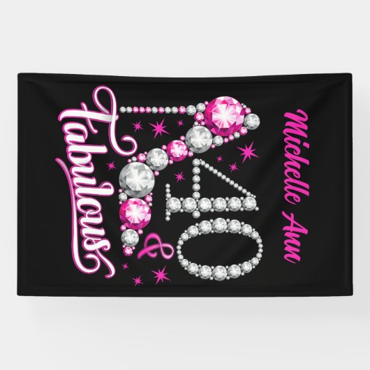 40 en Fabulous, 40th Birthday, elke naam, bewerkba Spandoek (Horizontaal)