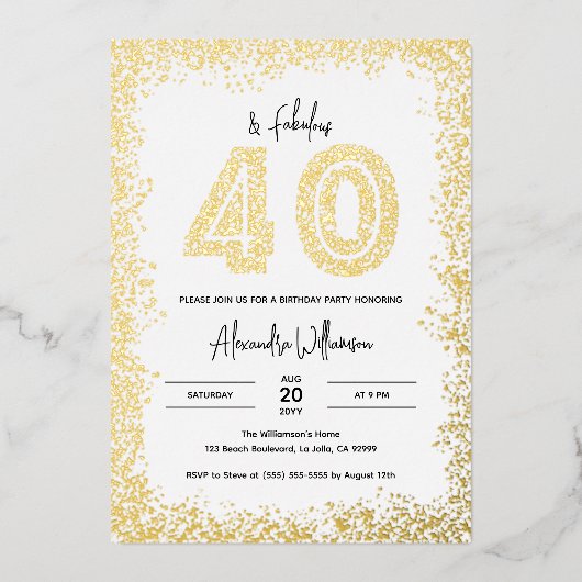 40 en Fabulous 40th Birthday Party Real Gold Folie Uitnodiging (Voorkant)
