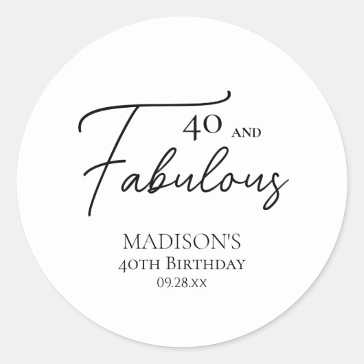 40 en Fabulous 40th Black & White Verjaardag Ronde Sticker (Voorkant)