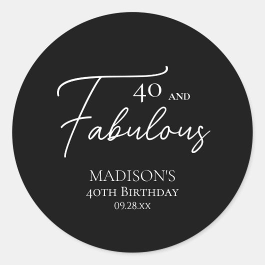 40 en Fabulous 40th Black & White Verjaardag Ronde Sticker (Voorkant)