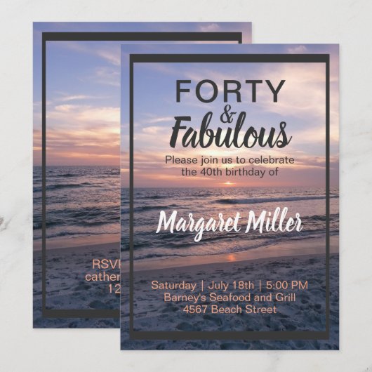 40 en Fabulous Beach Sunset verjaardagsuitnodiging Kaart (Voorkant / Achterkant)
