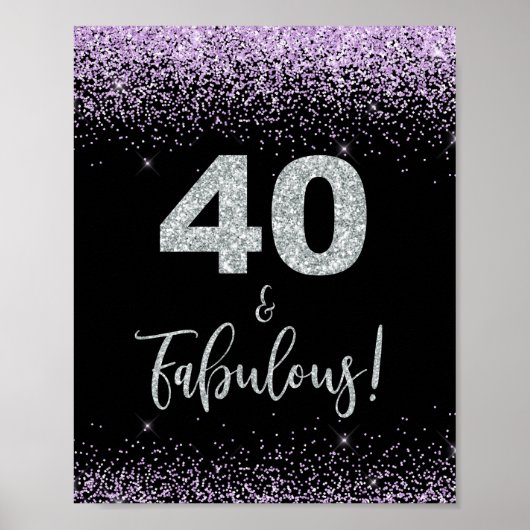 40 en Fabulous Birthday Party Sign Black & Paars Poster (Voorkant)