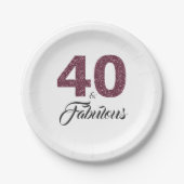 40. en Fabulous Burgundy Glitter Birthday Party Papieren Bordje (Voorkant)