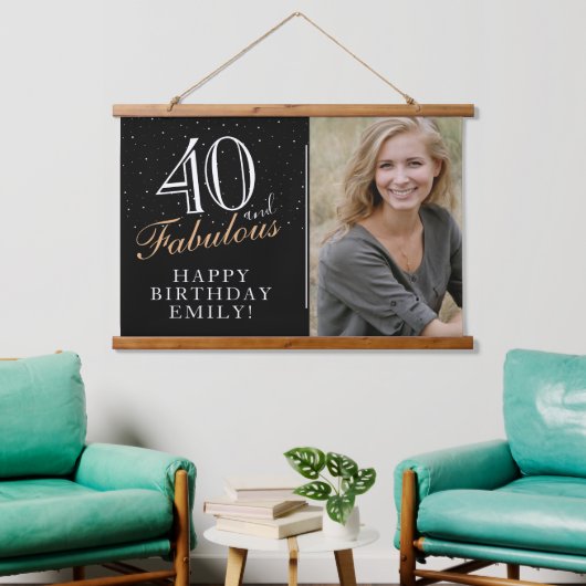 40 en Fabulous Elegant Black 40th Birthday Foto Hangend Wandkleed (Woonkamer)