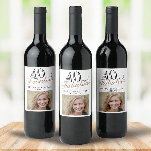 40 en Fabulous Elegant Script Photo 40th Birthday Wijn Etiket