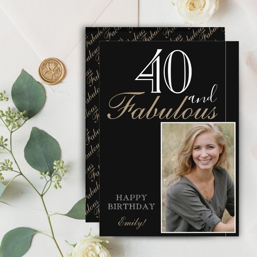 40 en Fabulous Elegant Zwart Happy Birthday Foto Kaart