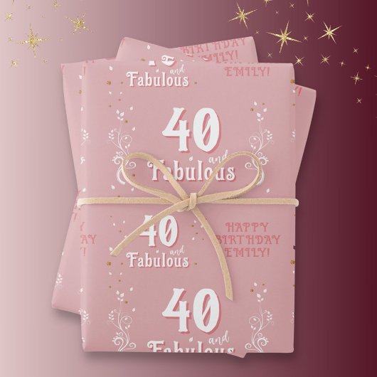 40 en Fabulous Foliage Pink 40th Verjaardag Inpakpapier Vel