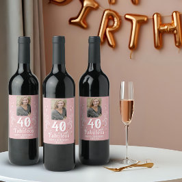 40 en Fabulous Foliage Pink Foto 40e verjaardag Wijn Etiket
