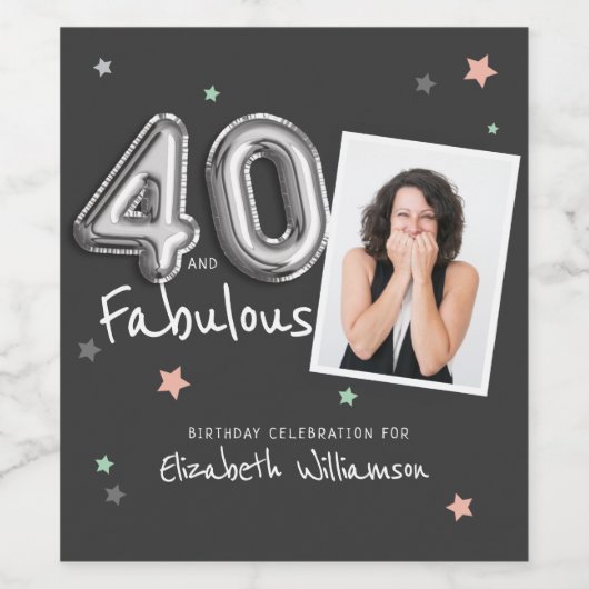 40- en Fabulous Folie ballonbanden Fotodag Wijn Etiket (Enkel label)