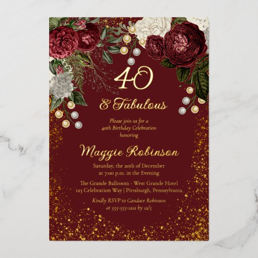 40 en Fabulous Glam Roze Bloemige Verjaardagsfeest Folie Uitnodiging (Voorkant)