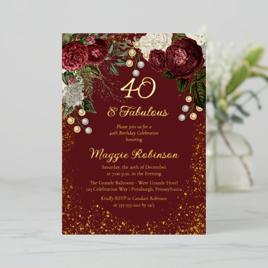 40 en Fabulous Glam Roze Bloemige Verjaardagsfeest Folie Uitnodiging (Staand Voorkant)