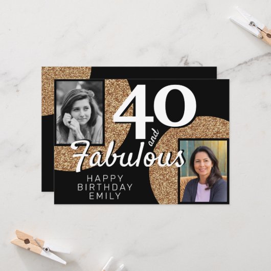 40 en Fabulous Gold Glitter 2 Foto 40e verjaardag Kaart (Voorkant / Achterkant in situ)