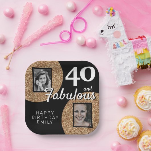 40 en Fabulous Gold Glitter 2 Foto 40e verjaardag Papieren Bordje (Feest)