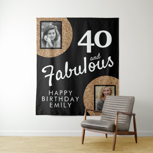 40 en Fabulous Gold Glitter 2 Foto 40e verjaardag Wandkleed (In situ)