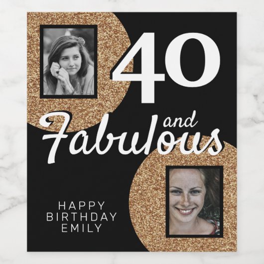 40 en Fabulous Gold Glitter 2 Foto 40e verjaardag Wijn Etiket (Enkel label)