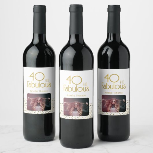 40 en Fabulous Gold Glitter 40th Birthday Foto Wijn Etiket (Flessen)