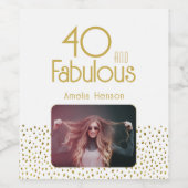 40 en Fabulous Gold Glitter 40th Birthday Foto Wijn Etiket (Enkel label)