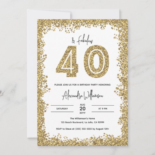 40 en Fabulous Gold Glitter 40th Birthday Party Kaart (Voorkant)