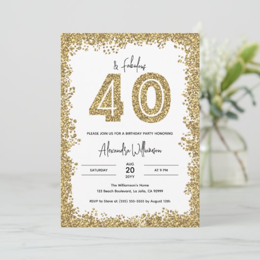 40 en Fabulous Gold Glitter 40th Birthday Party Kaart (Staand voorkant)