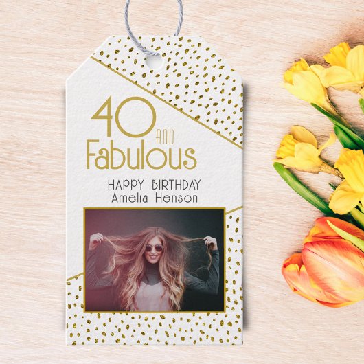 40 en Fabulous Gold Glitter Photo 40th Birthday Cadeaulabel