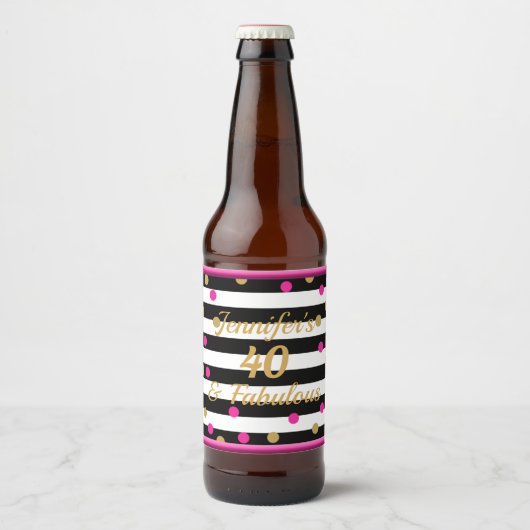 40 en Fabulous Heet Roze Zwart Wit Goud Bier Etiket (Voorkant)