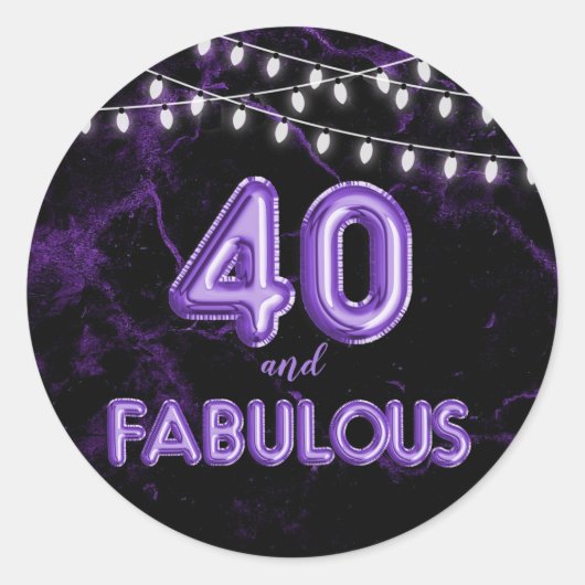 40 en Fabulous Lichten & Paarse Folie Ballonnen Ronde Sticker (Voorkant)