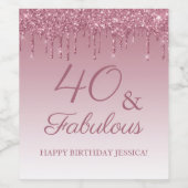 40 en Fabulous Roos Gold Pink Dripping Glitter Wijn Etiket (Enkel label)