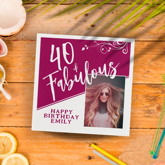 40 en Fabulous Script Photo Magenta 40th Birthday Servet
