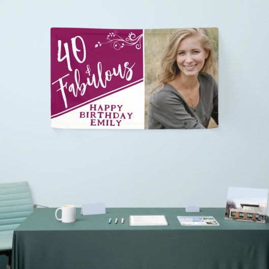 40 en Fabulous Script Photo Magenta 40th Birthday Spandoek (Beurs)