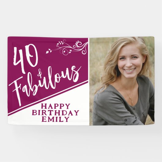 40 en Fabulous Script Photo Magenta 40th Birthday Spandoek (Horizontaal)