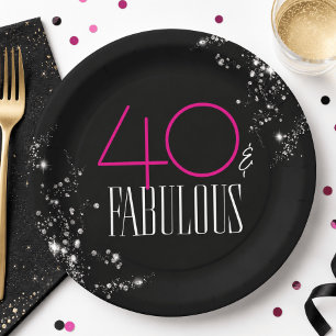 40 en Fabulous Zwarte Roze Glam Glitter Verjaardag Papieren Bordje