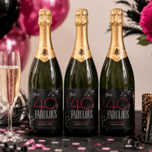 40 en Fabulous Zwarte Roze Glam Glitter Verjaardag Sparkling Wijnetiket