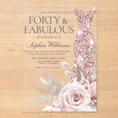 40 & Fab Blush Bloemen Jurk 40ste Verjaardag Party Acryl Uitnodigingen (Voorkant)