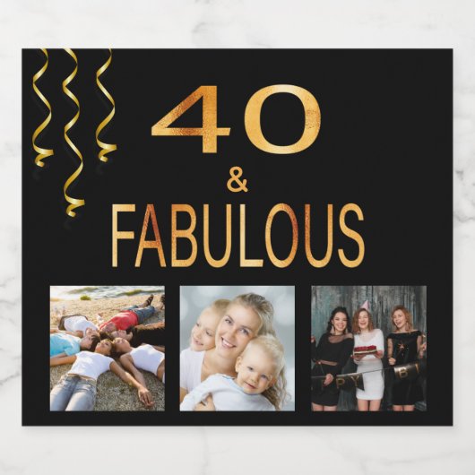 40 fabelachtige verjaardagfoto collage zwart goud sparkling wijnetiket (Enkel label)