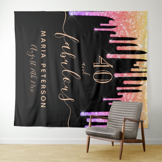 40 fabuleuze verjaardag zwart roze goud druppels wandkleed (In Situ (horizontaal))