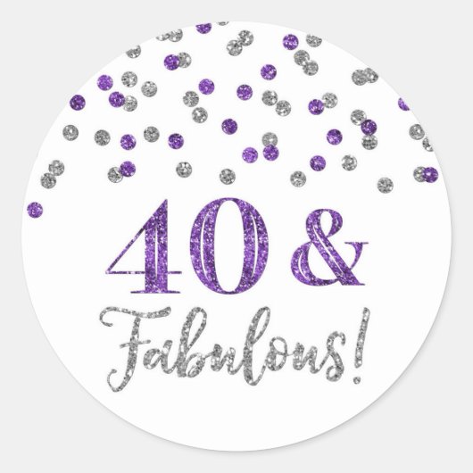 40 & Fabulous Birthday Dark Paars Silver Confetti Ronde Sticker (Voorkant)