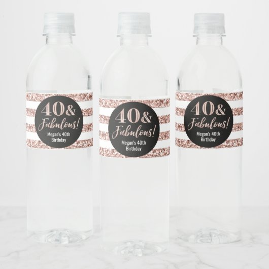 40 & Fabulous Birthday Roos Gouden Glitter Strepen Waterfles Etiket (Flessen)