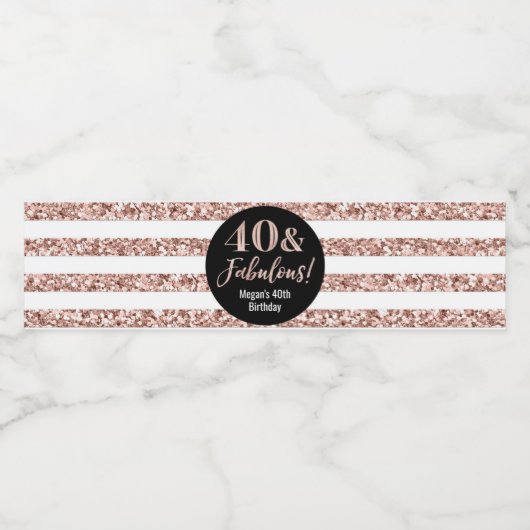 40 & Fabulous Birthday Roos Gouden Glitter Strepen Waterfles Etiket (Enkel label)