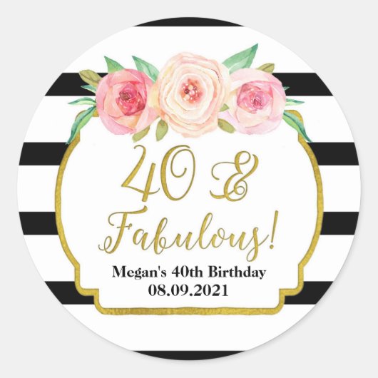 40 & Fabulous Birthday Zwart Goud Waterverf Ronde Sticker (Voorkant)